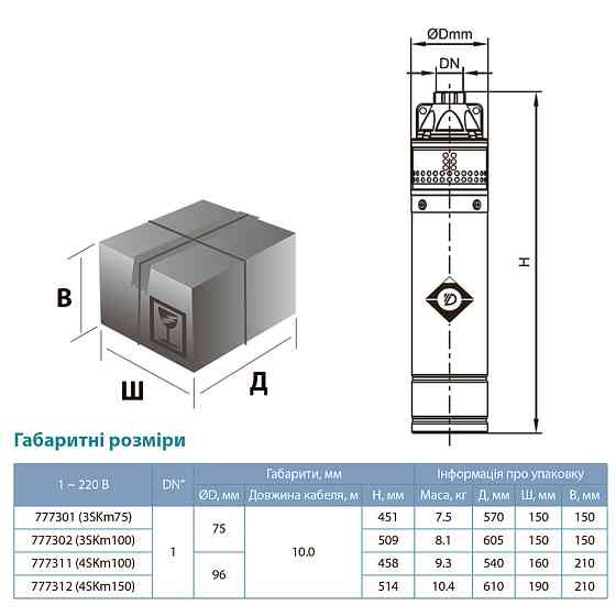 Dongyin Насос вихревой скважинный 0.75кВт H 54(30)м Q 40(20)л/мин Ø75мм AQUATICA (DONGYIN) 3SKm Коломия