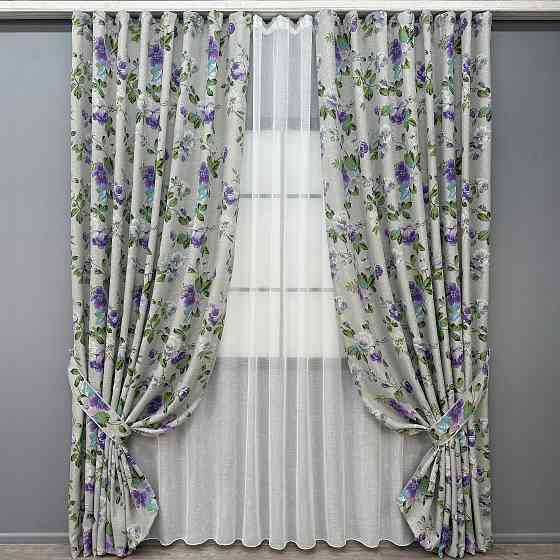 Комплект штор VR-Textil Лен Прованс 150х270 2шт и Тюль 600х270 2084ш-115т Светло-серый с фиолетовым и белым 71-219/5 Киев