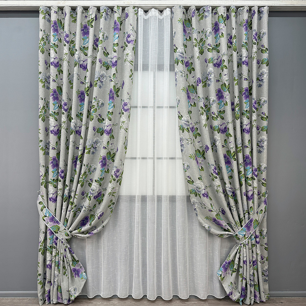 Комплект штор VR-Textil Лен Прованс 150х270 2шт и Тюль 600х270 2084ш-115т Светло-серый с фиолетовым и белым 71-219/5 Киев - изображение 1