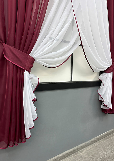 Кухонні шторки VR-Textil № 096к з підв'язками бордовий з білим 400х170 см (52-1219) Київ - фото 5