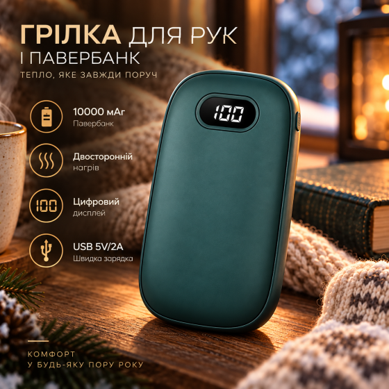 Акумуляторна грілка для рук 10000 мАг із цифровим дисплеєм, павербанк, двосторонній нагрів, USB 5V/2A Київ