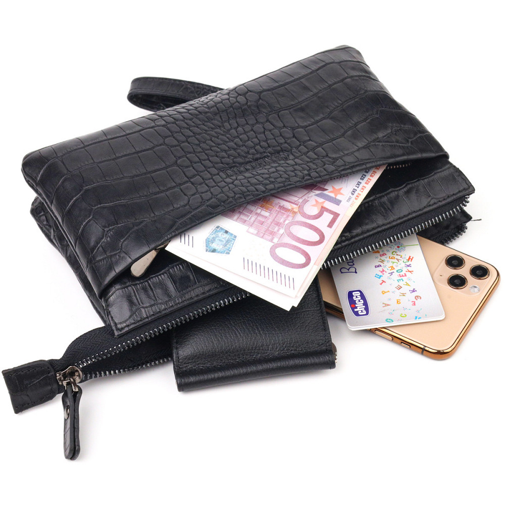 Чудовий клатч для чоловіків із натуральної фактурної шкіри з тисненням під крокодила Чорний (CANPELLINI) Київ - фото 1