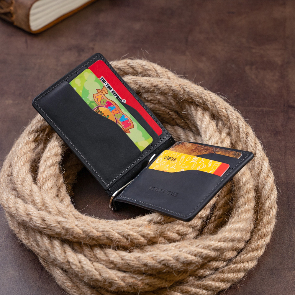 Стильний затискач для грошей без застібки Чорний (GRANDE PELLE) Київ - фото 4