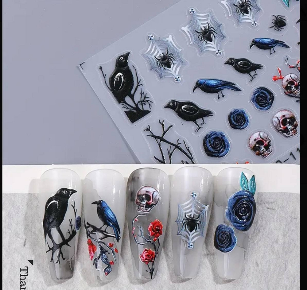 3D наклейки для нігтів з воронами та черепами – готичний дизайн Київ - фото 3