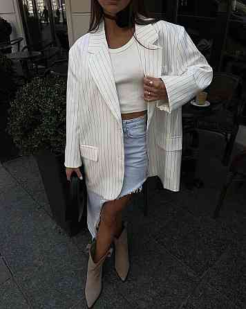 Женский классический пиджак свободного кроя в полоску костюмка Айвори, 42/44 Одесса