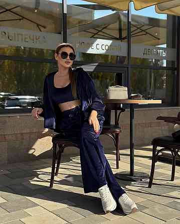Женский стильный повседневный костюм тройка (кофта+штаны+топ) велюр спорт Темно-синий, 46/48 Одесса