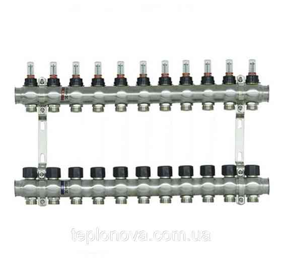 Колектор нержавійка на 11 пар виходів  "Raftec" RC-03 для Теплої Підлоги з розходомірами Чернівці