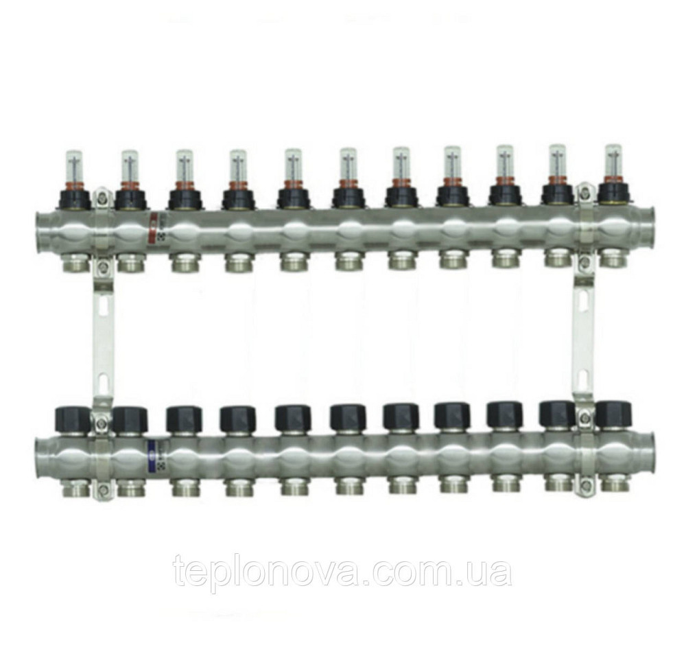 Колектор нержавійка на 11 пар виходів  "Raftec" RC-03 для Теплої Підлоги з розходомірами Чернівці - фото 1