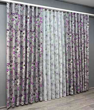 Комплект штор VR-Textil Лен Прованс 200х265 2шт и Тюль 600х265 1820ш-1367т Серый с фиолетовым и белым 71-108/7 Киев