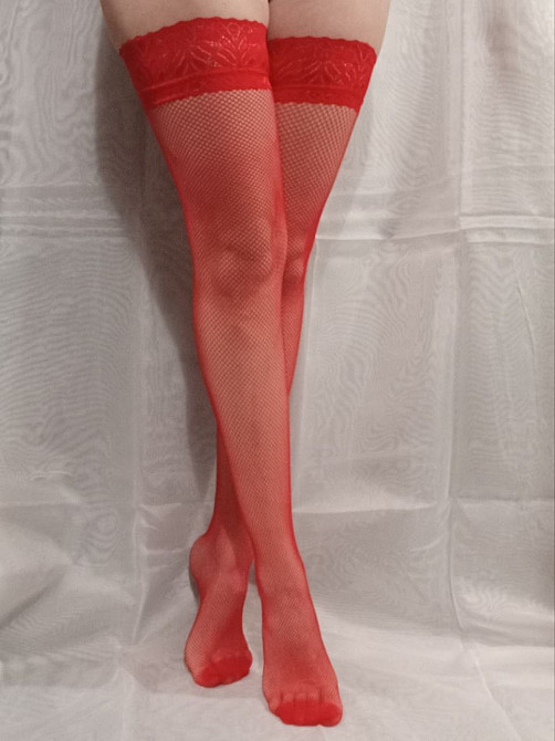 Кружевные чулки в сетку на силиконе S M Мелкая сетка Красные ажурные чулки с кружевом Днепр - изображение 4