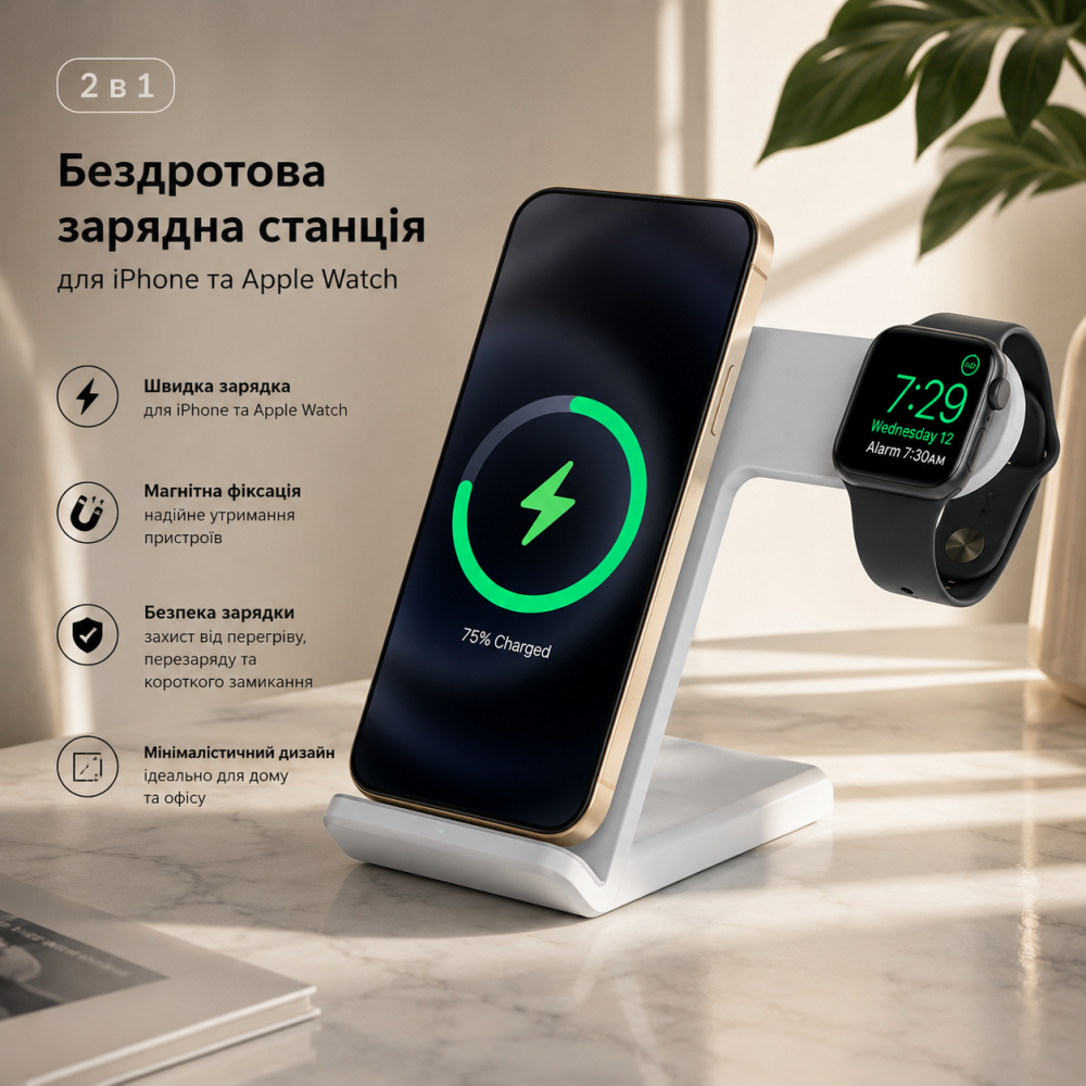 Бездротовий зарядний пристрій док-станція Charge Dock Station 2 в 1 для iPhone та Apple Watch Білий Київ - фото 10