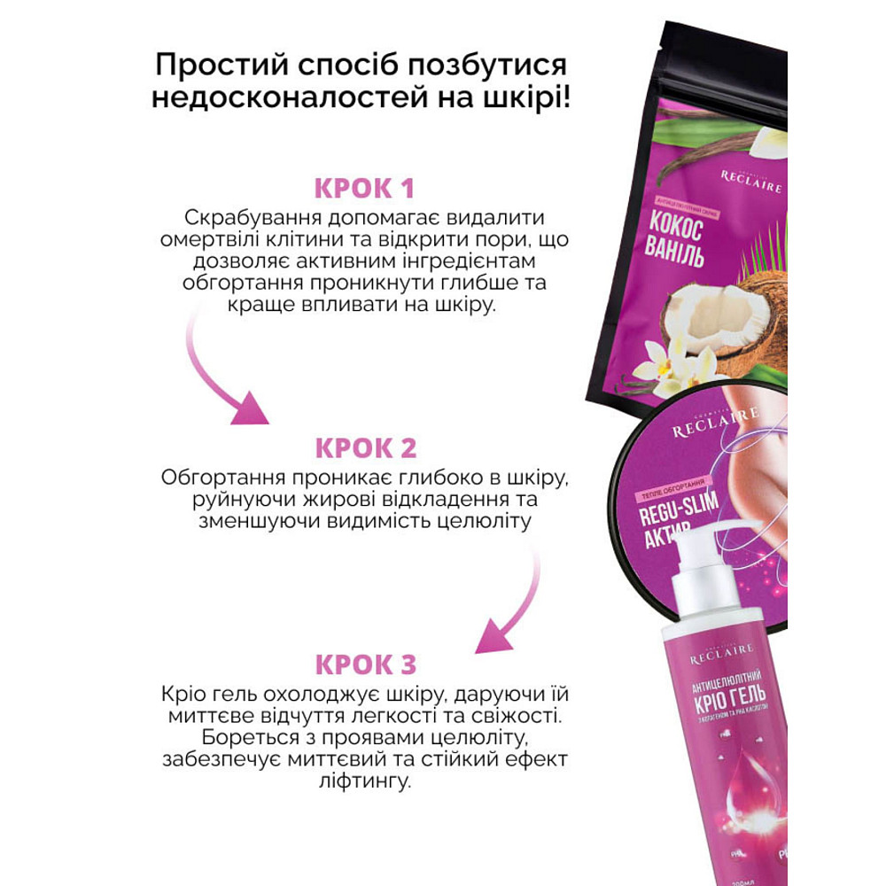 Антицеллюлитный набор для тела Скраб+Теплое обертывание+Крио гель Reclaire cosmetics Киев - изображение 9