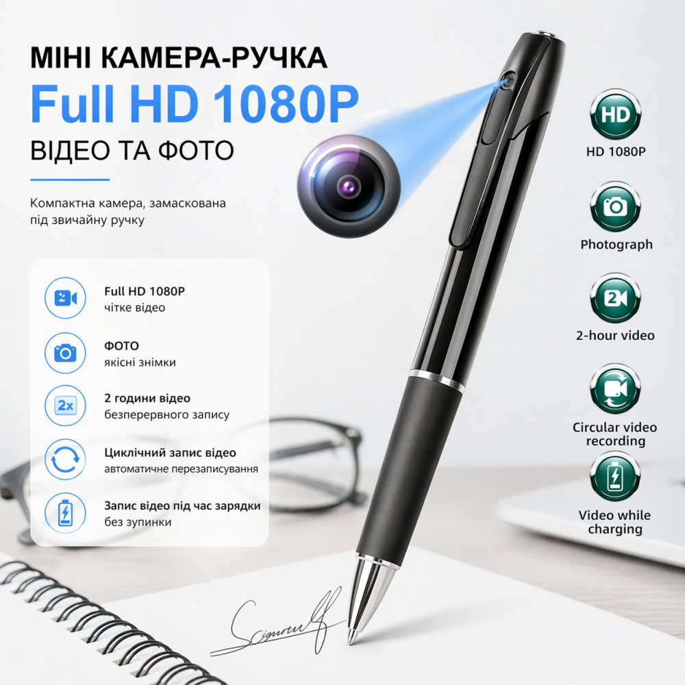 Мини-камера ручка Full HD 1080P со звуком: мини видеокамера для записи встреч, металлический корпус, 3 ч работы Киев - изображение 2