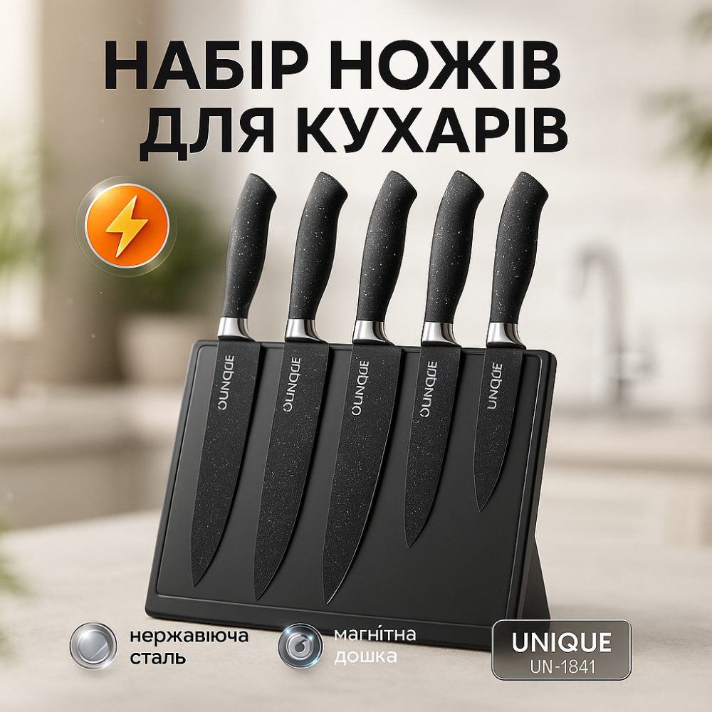 Набор ножей UNIQUE UN-1841 из нержавеющей стали с подставкой + точилка 6 предметов XJ-88 Львов - изображение 14