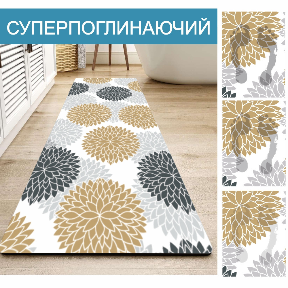 Набір 2 килимки для ванної та кухні Aquarius Суперпоглинаючі 50х80 см + 50х120 Сірі/Бежеві Квіти Буча - фото 3