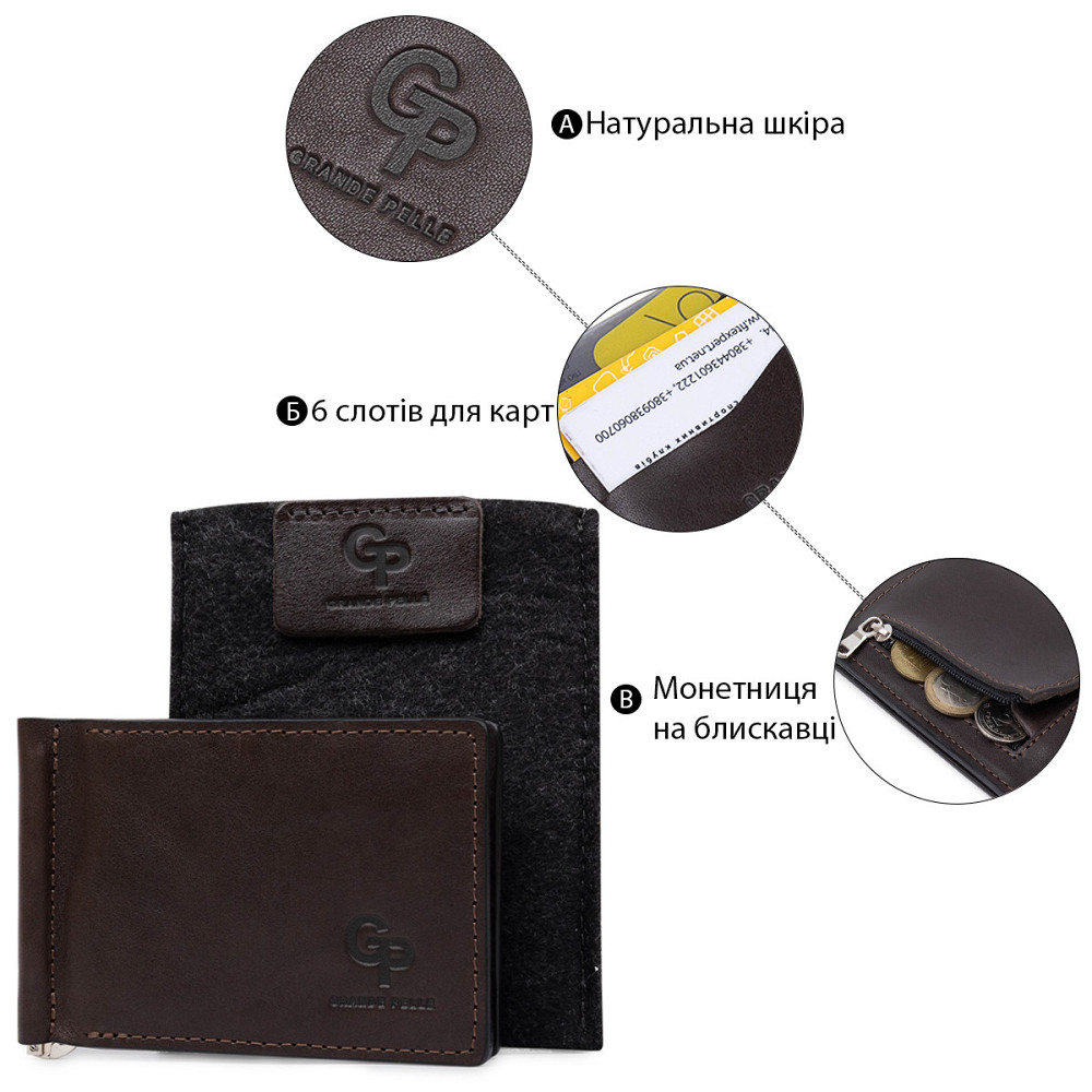 Кожаный мужской зажим для денег с монетницей Коричневый (GRANDE PELLE) Киев - изображение 8