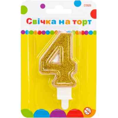 Свічка Maxi золотиста двостороння з блискітками "4", 7,62 см, на торт (MX622083-4) Вінниця