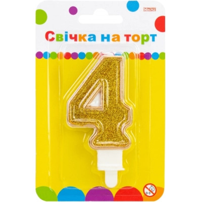 Свеча Maxi золотиста двостороння з блискітками "4", 7,62 см, на торт (MX622083-4) Винница - изображение 1