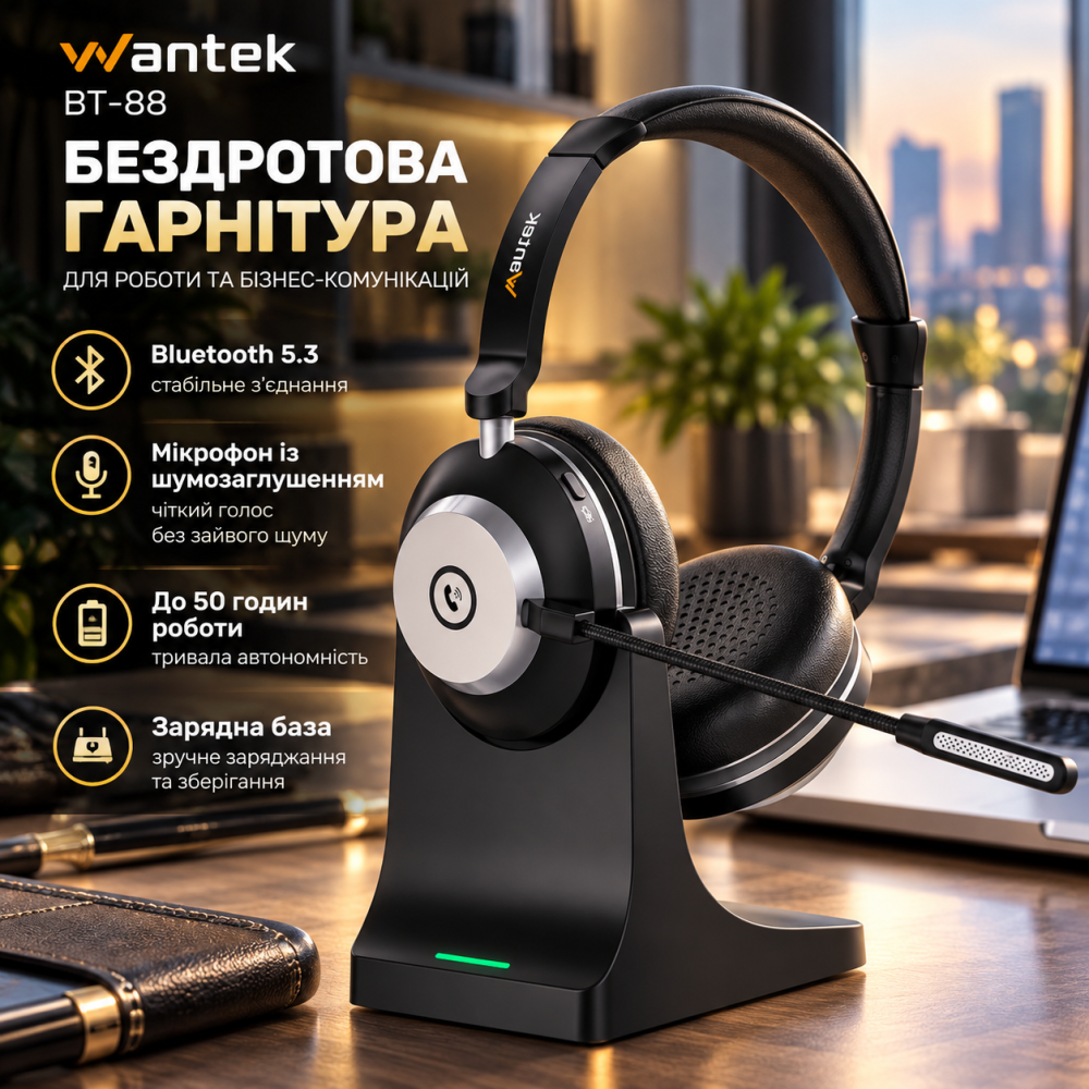 Бездротова гарнітура Wantek BT-88 Bluetooth 5.3, мікрофон із шумозаглушенням, до 50 годин роботи, зарядна база, чорна Київ - фото 1