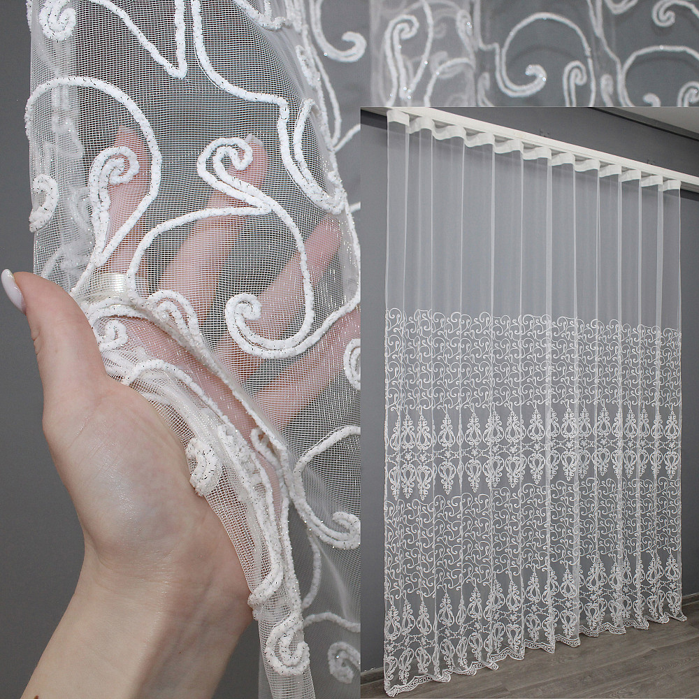 Тюль фатин с вышивкой, цвет белый 1414т Киев - изображение 1