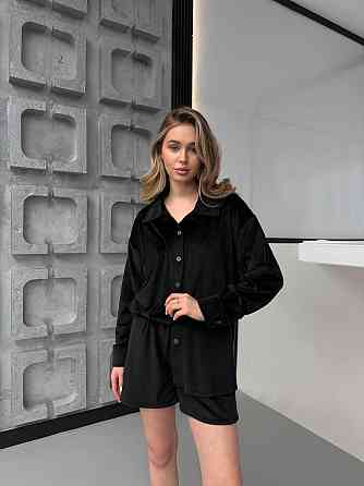 Женский прогулочный оверсайз костюм двойка: рубашка и шорты турецкий велюр спорт Черный Одесса