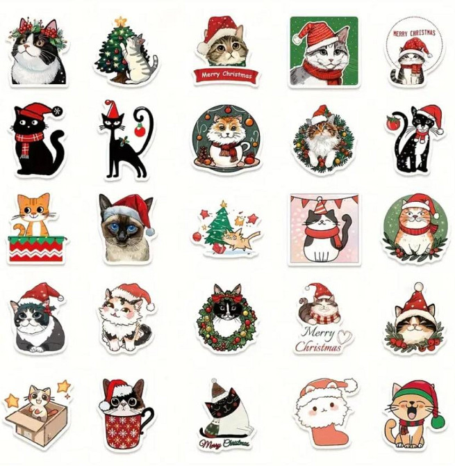 Рождественские наклейки с котами. Новогодние стикеры. Водонепроницаемые виниловые наклейки, набор 50 Киев - изображение 5