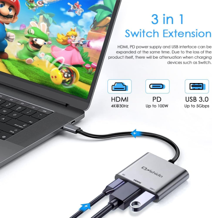 Портативная док-станция Onshida 3в1 USB-C HDMI адаптер 4K 100W для Nintendo Switch MacBook серый Киев