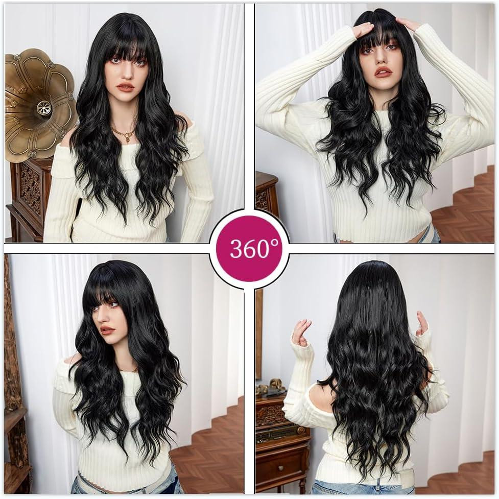 Довга чорна хвиляста жіноча перука з чубчиком UEVIES, 60 см, термостійка, синтетичне волосся 24" брюнетка Київ - фото 6