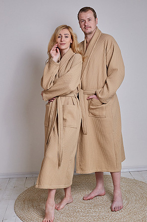 Чоловічий вафельний халат Ideal Textile довгий бежевий (56860609) Чернівці - фото 4