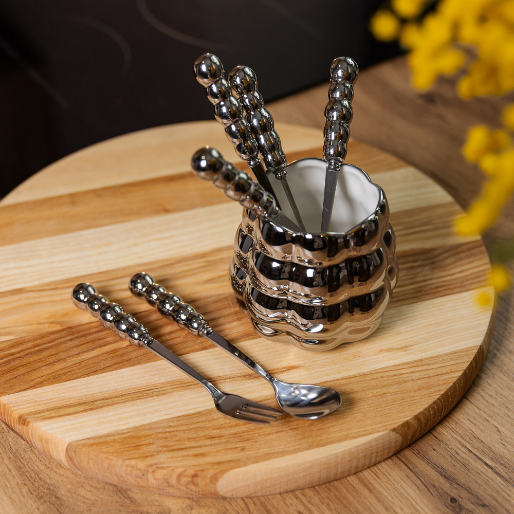 Набор десертных вилок и ложек на 3 персоны с подставкой из фарфора 7 предметов Серый HP-20-61 Киев - изображение 5