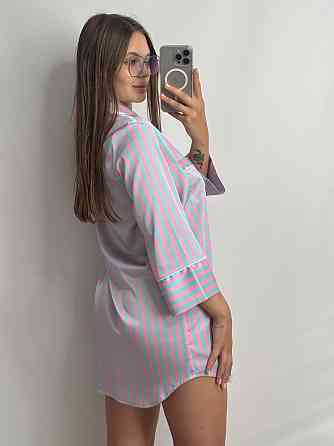 Жіноча нічна сорочка сатинова Блакитно-рожевий смужка S Харків