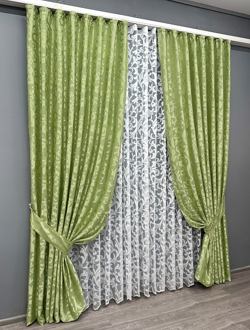 Комплект штор VR-Textil Жакард Вензель 150х270 2шт і Тюль 500х270 297ш-1147т Салатовий з білим 71-095/4 Київ - фото 2