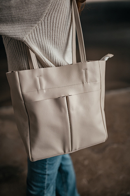Сумка тоут женская кожаная большая Юта Бежевая 28*30*12 см, сумка шопер бежеваа стильная с карманамиMasterSem Киев - изображение 8