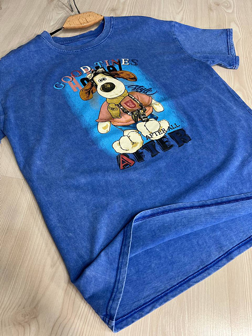 Футболка жіноча YIGOU 74 тай дай оверсайз з принтом собака, синій, one size Київ - фото 10