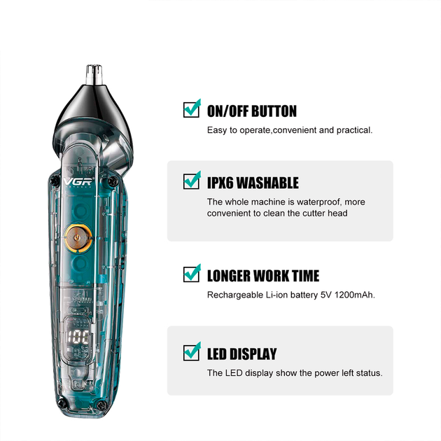 Триммер аккумуляторный VGR V-949 для бороды и носа IPX6 LCD (5 насадок) Киев - изображение 5