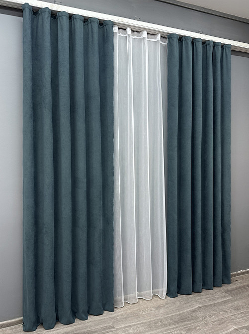 Комплект штор VR-Textil Мікровелюр Petek 200х270 2шт і Тюль 600х270 1489ш-1153т Сіро-блакитний з білим 71-033/7 Київ - фото 3