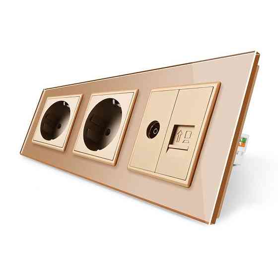 Розетка тримісна комбінована Силова Інтернет ТБ Livolo золото скло (VL-C7C2EU1C1V-13) Коломыя
