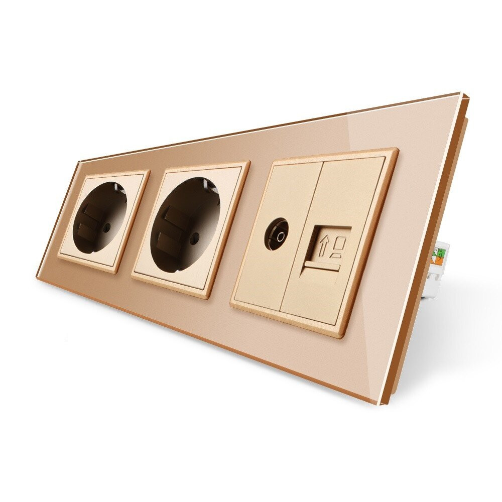 Розетка тримісна комбінована Силова Інтернет ТБ Livolo золото скло (VL-C7C2EU1C1V-13) Коломыя - изображение 2