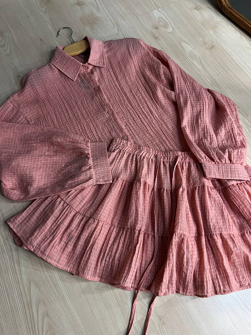 Костюм жіночий Xingyue 318-3 мусліновий у клітинку сорочка оверсайз і спідниця-шорти, рожевий, one size Київ - фото 13