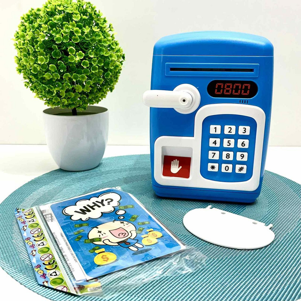 Сейф-скарбничка дитяча зі сканером відбитка пальця та кодовим замком затягує купюри звук підсвічування Синій (MK 5411) Чернігів - фото 3