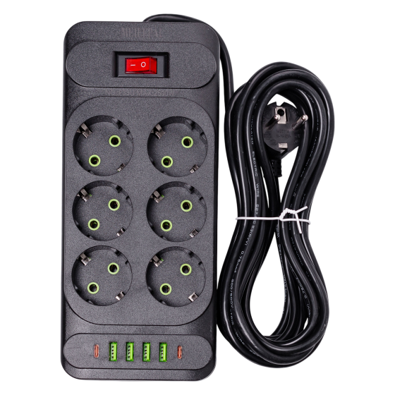 Мережевий фільтр подовжувач 5 м на 6 розеток 4 USB 2 Type-C та кнопкою вимкнення HP-5-16 Коломия