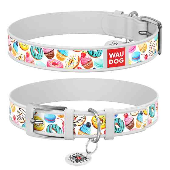 Нашийник для собак шкіряний WAUDOG Design з QR-паспортом, малюнок "Пончики", Ш 12 мм, Д 18-24 см, білий Вінниця