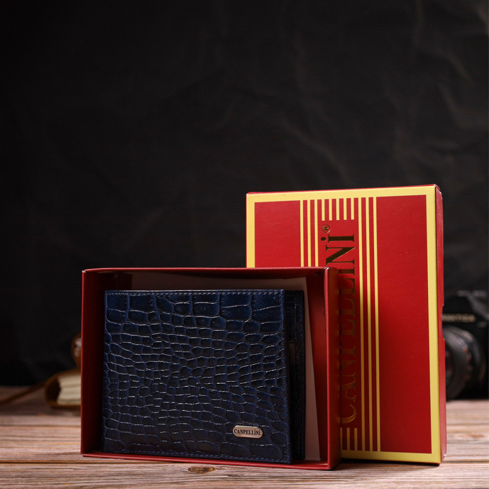 Красивый горизонтальный мужской бумажник среднего размера из натуральной кожи с тиснением под крокодила CANPELLINI 21861 Синий Киев - изображение 10