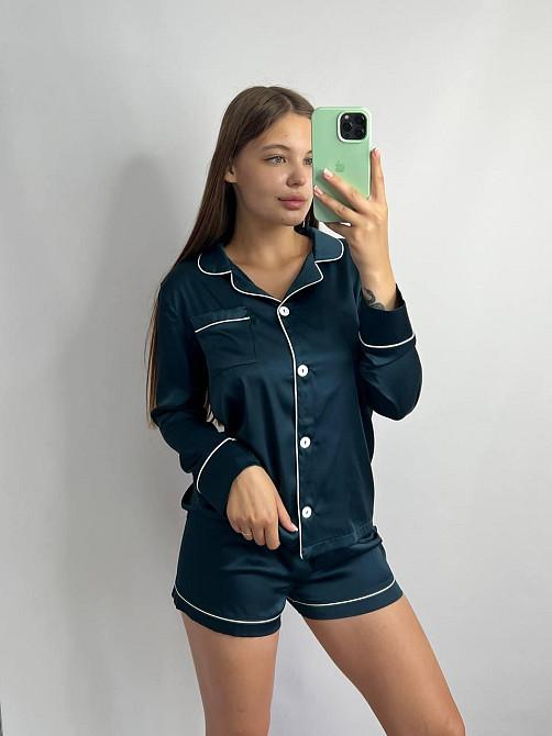 Комплект шелковый тройка рубашка с шортами и штанами Темно-изумрудный L Харьков - изображение 2