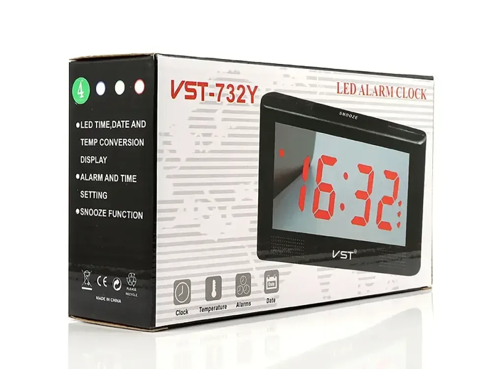 Електронний настільний годинник VST-732Y, зелене підсвічування, кварцовий стабілізатор, від мережі та батарейок AA Одеса - фото 6