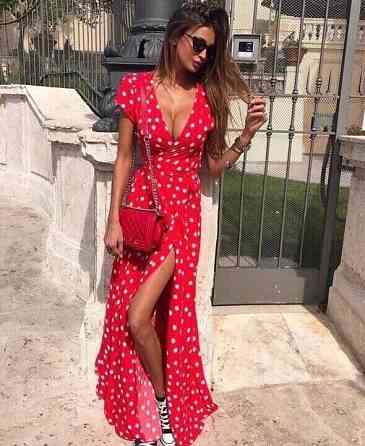 Жіноче стильне, романтичне, довге плаття в горошок софт Червоний, 48/52 Одеса