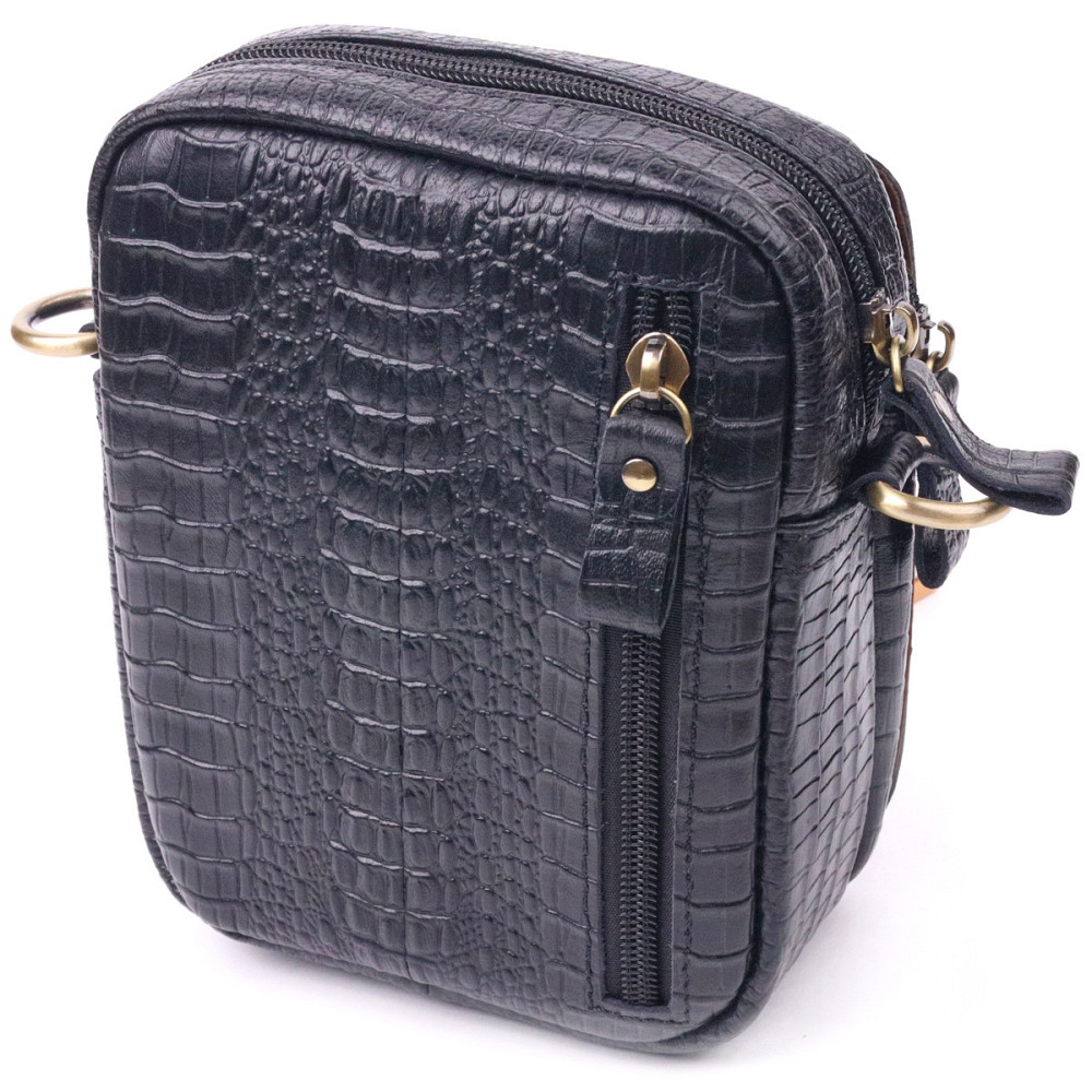Невелика чоловіча сумка з натуральної шкіри з фактурою під крокодила Чорна (Vintage) Київ - фото 6