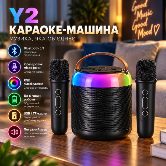 Караоке-машина Y2 Bluetooth 5.3 з 2 мікрофонами, портативна колонка з RGB-підсвічуванням, акумуляторна, чорна Київ