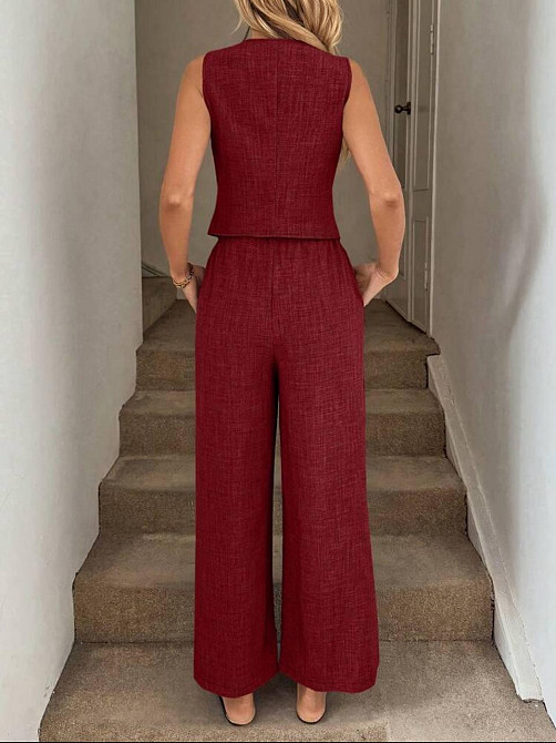 Жіночий базовий брючний костюм-двійка: жилет і штани льон бохо Бордо, 42/44 Одеса - фото 3