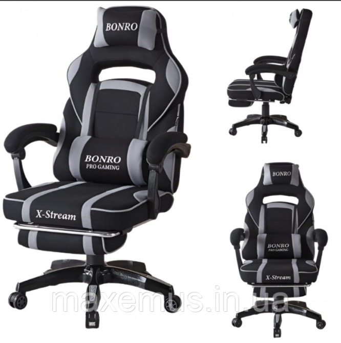 Компьютерное кресло для геймера из ткани с подставкой для ног и регулировкой спинки B-141 черно-серое Мостиска - изображение 2